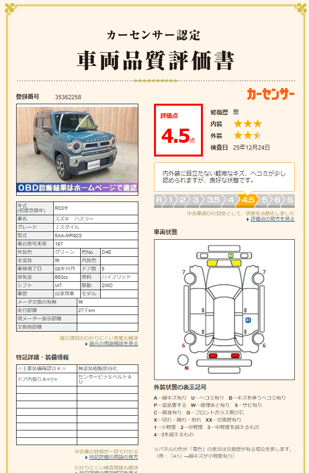 評価書 2（4.5点・修復歴なし）