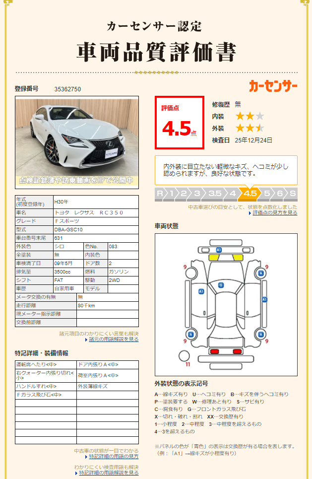 評価書 2（4.5点／修復歴なし）
