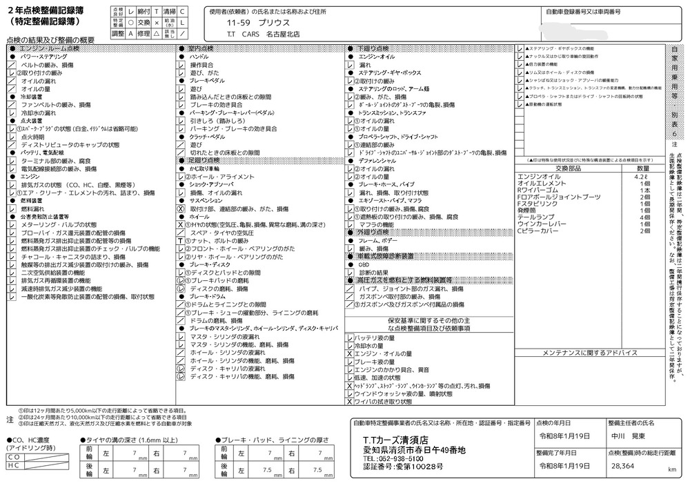記録簿・交換部品