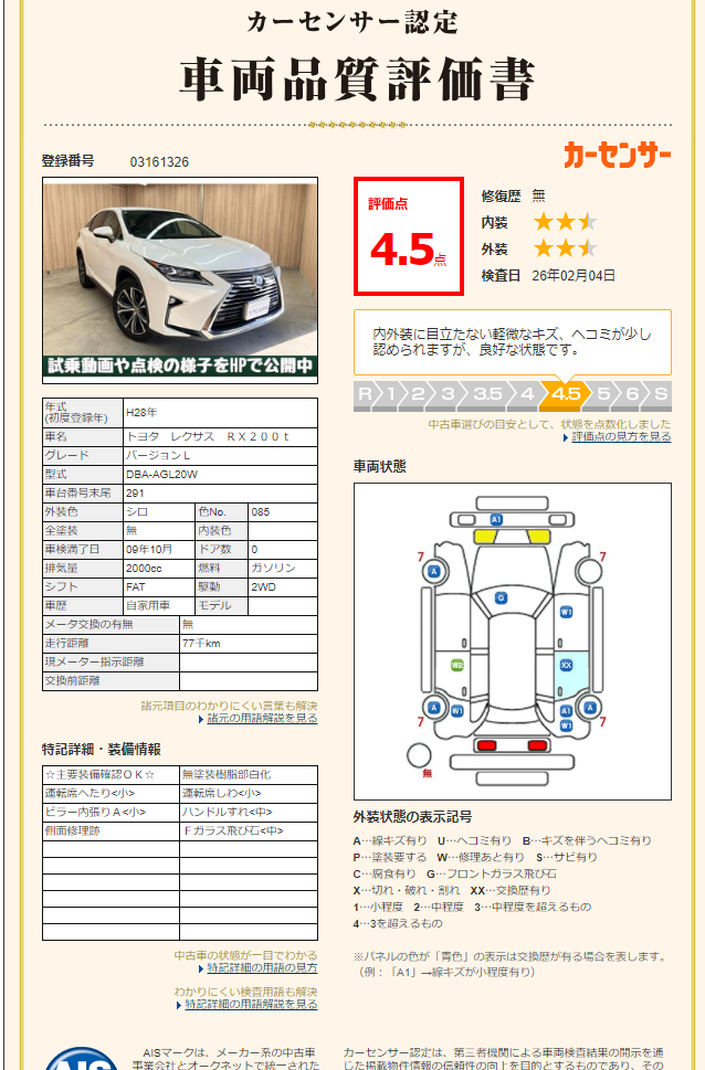 評価4.5点 修復歴無し 評価書 2