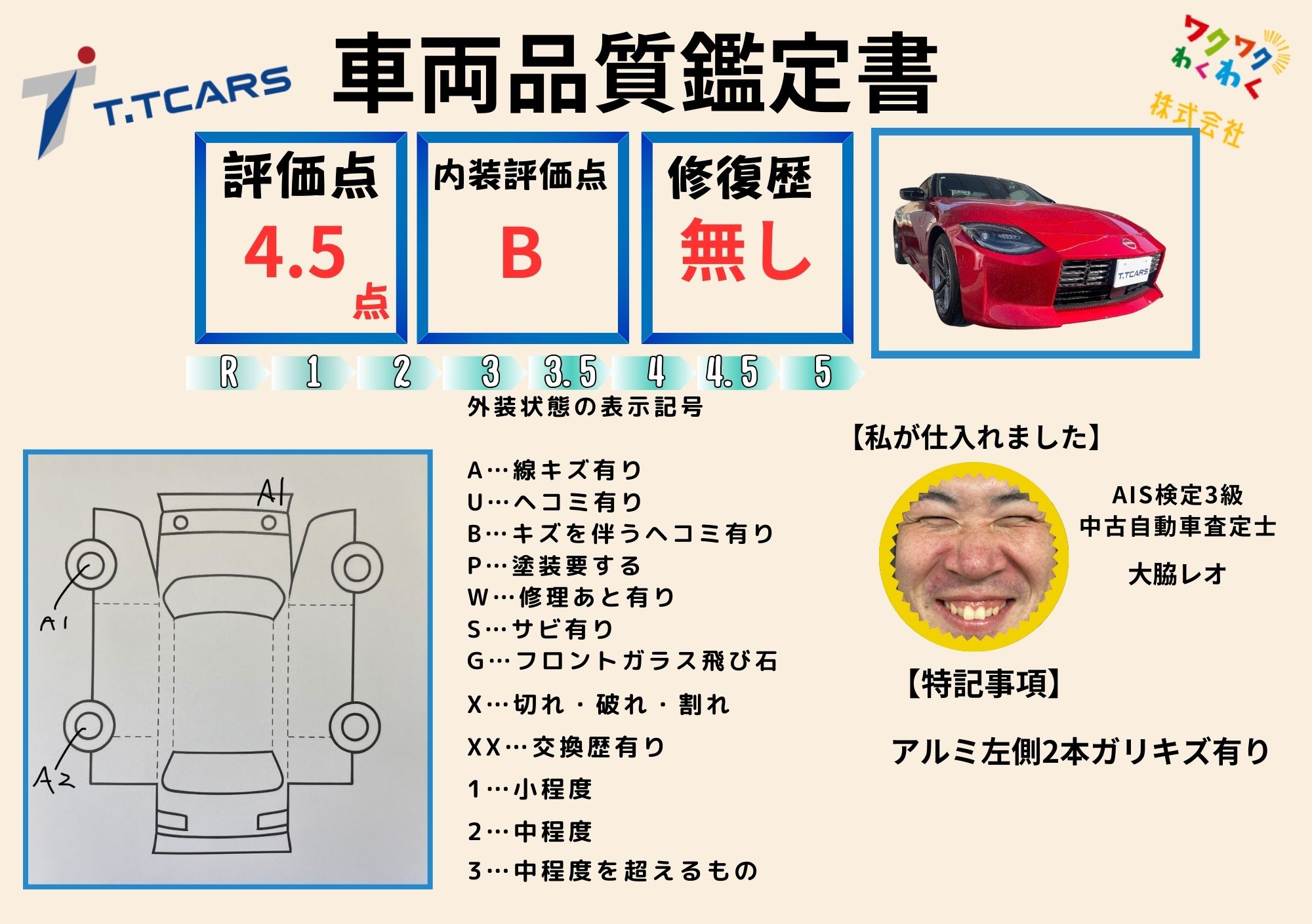 評価4.5点 修復歴なし 評価書