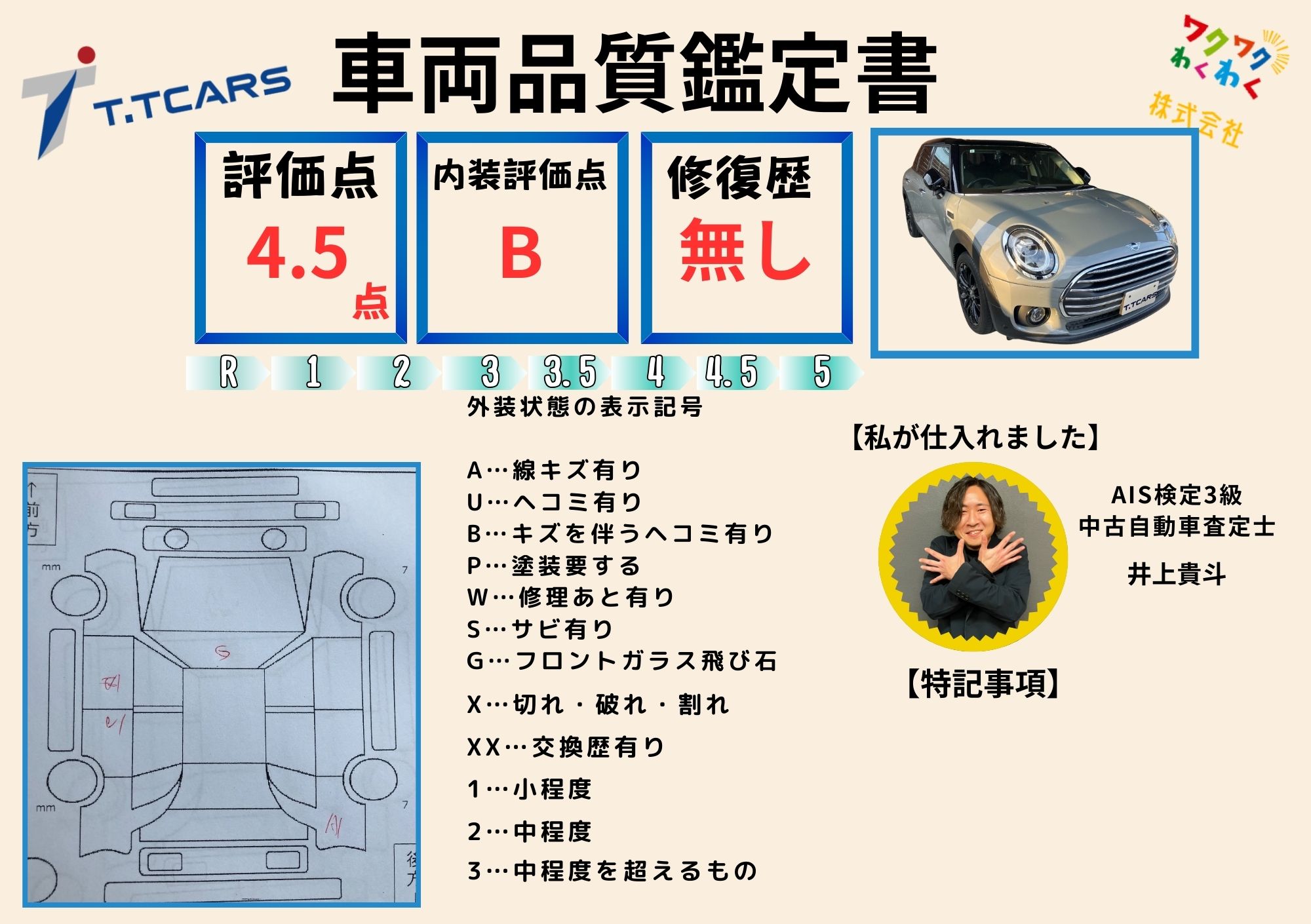 評価点4.5点 修復歴無し 評価書