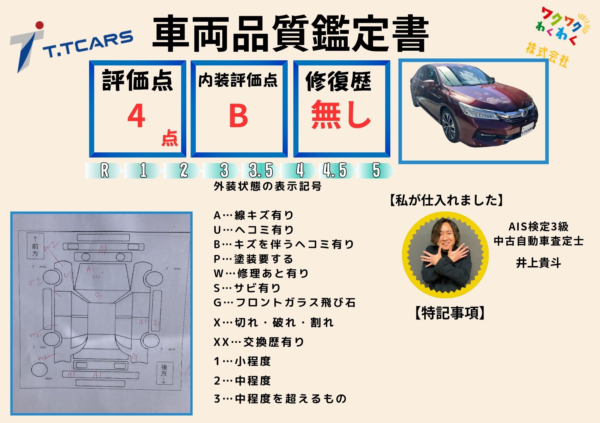 評価点4点 修復歴無し 評価書
